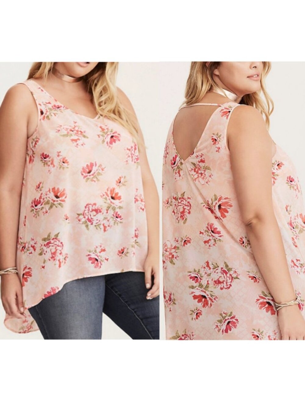 TORRID 1 Plus Size Floral Chiffon Hi-Low Tank Top Pink Peach y Back Strap 2010s